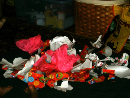 Pile of wrapping paper after presents